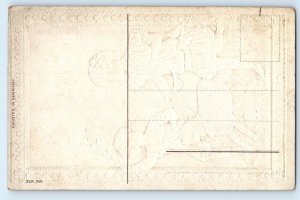 c1910's Easter Greetings Children With Lamb And Pipe Berry Embossed Postcard