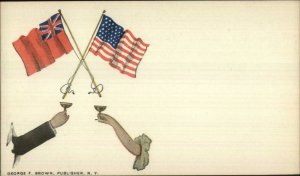 Flags Hands Toasting Champagne c1900 Postcard AMERICA & GREAT BRITAIN