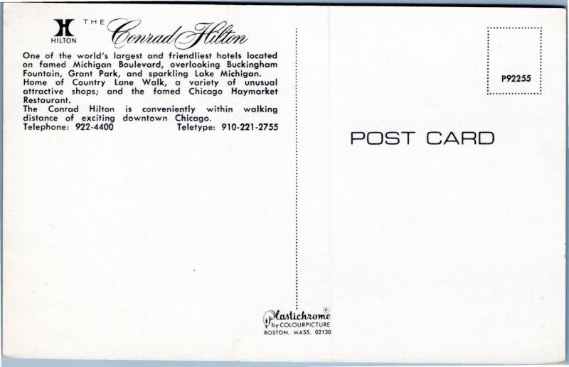 postcard IL Conrad Hilton advertising postcard feat. Chicago Buckingham Fountain