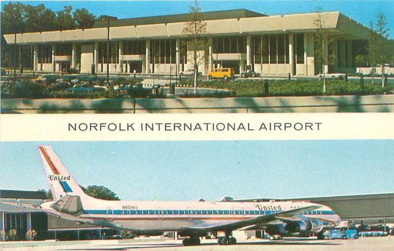 Norfolk International Airport 2 Views Terminal & United Chrome Postcard Unused