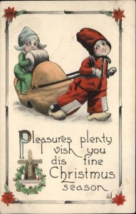 Christmas Dutch Children Shoe Sled 1917 Christmas Seal Vintage Postcard