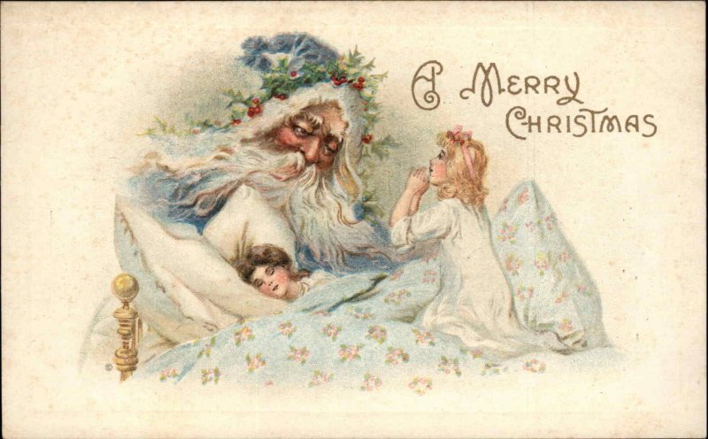 Christmas Santa claus in Blue Robe Watches Over Little Girls c1910 Postcard