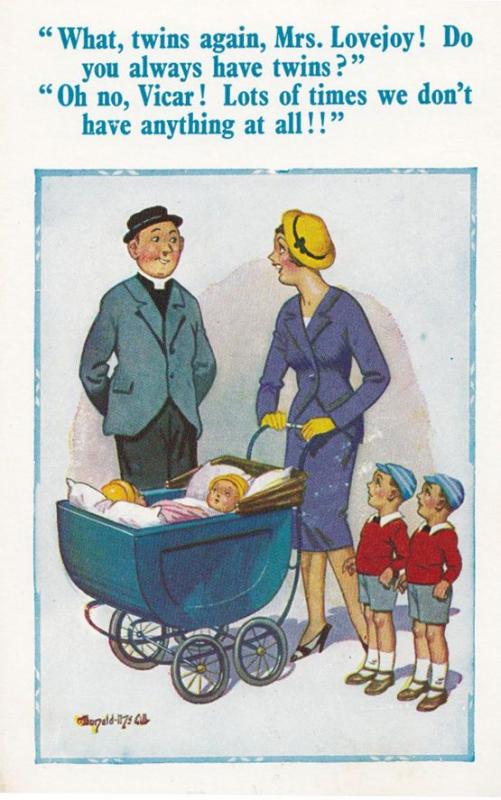 Mrs Lovejoy Lady Pushing Pram With Twins Priest Vicar Comic Humour Postcard