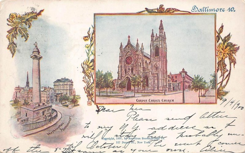 WASHINGTON MONUMENT & CORPUS CHRISTI CHURCH BALTIMORE MARYLAND POSTCARD 1900