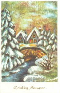 Postcard greetings bells Christmas New Year candle river ice