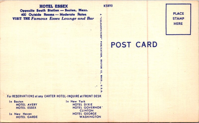 Hotel Essex Boston MA South Station Summer Street Cars Restaurant Vtg Postcard