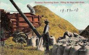 br105739  harvesting scene filling the bags with grain  canada heraldic litho