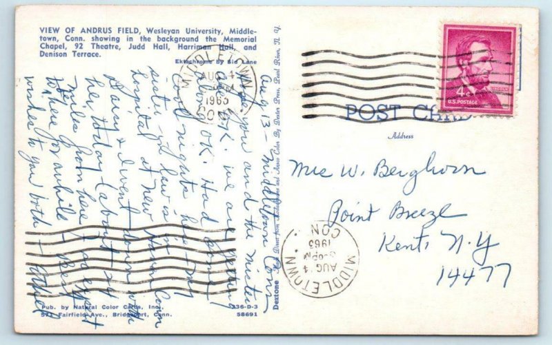 MIDDLETOWN, CT ~ Wesleyan University ANDRUS FIELD 1963 Chapel & Theatre Postcard