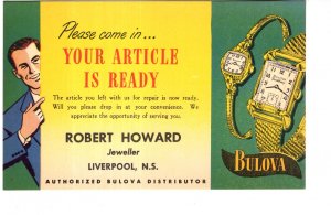 Vintage Advertising, Robert Howard Jeweler, Liverpool, Nova Scotia, Wristwatch