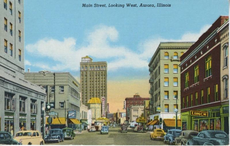 Aurora Illinois IL  ~ Main Street, Looking West  ~ c1947 Linen Postcard