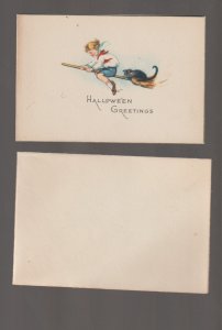 Vintage HALLOWEEN 1920 PARTY INVITATION Invite GIRL WITCH BROOM CAT Carpentier