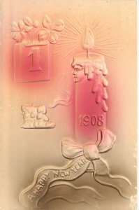 Embossed Airbrushed Postcard Anthropomorphic Candle Year Date 1908 Live 1907 Die