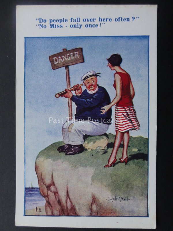 Donald McGill Postcard SEASIDE CLIFF TOP - DO PEOPLE FALL OVER HERE OFTEN Old PC