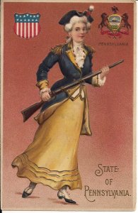 State Girl Pennsylvania, Revolutionary War Uniform, Musket, PA Seal. Embossed