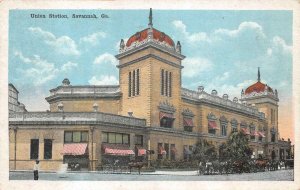 UNION STATION TRAIN DEPOT HORSE WAGONS SAVANNAH GEORGIA POSTCARD (c. 1915)