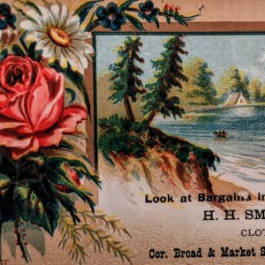 1882 SUMMER Frank Vernon Trade Card H.H. Smith & Co. Clothiers Flower Beach Lake