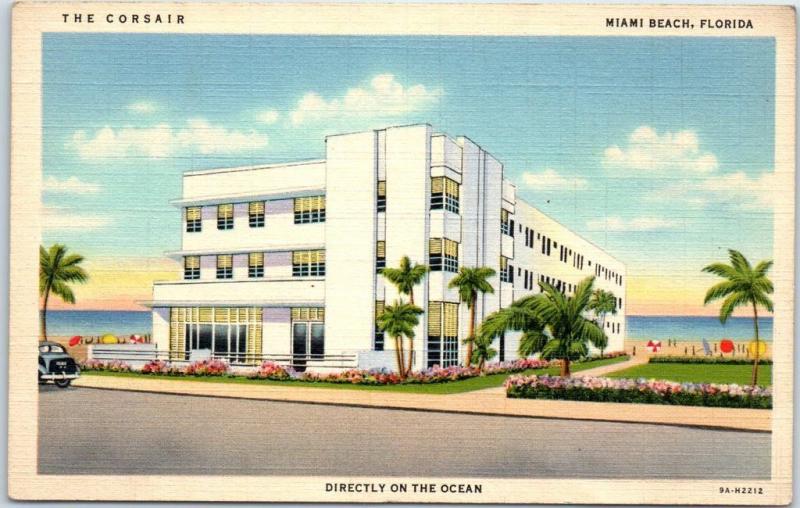 Miami Beach Florida Postcard Corsair Hotel Art Deco Building Ocean View Linen Hippostcard