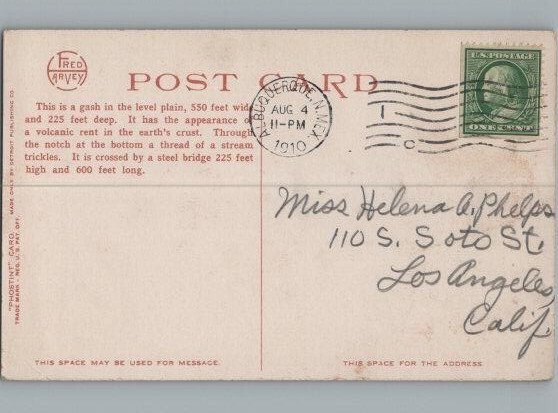 Postcard: 13955 CANYON DIABLO, ARIZONA. FRED HARVEY.PHOSTINT 1910