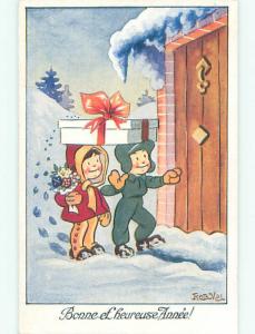 Pre-Chrome new year signed FOREIGN - FRENCH KIDS AT DOOR LARGE GIFT k5375