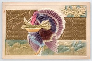 Thanksgiving Turkey With Basket Airbrushed Gold Gilt Postcard V22