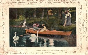 Vintage Postcard 1910's Sunny Glades And Shady Groves Lovers Boating Swans Lake