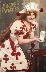 c1910 Postcard; Sincere Wishes, Redhead Woman & Playing Cards Hat Dress w/ Clubs