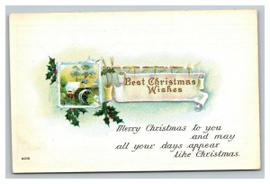 Vintage 1916 Christmas Postcard Country Paddlewheel Mistletoe Holly Berries