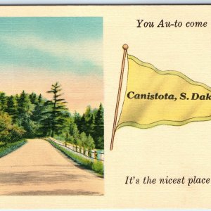 c1930s Canistota, S. Dak. You Au-To Come NICEST Place Linen Postcard Pennant A69