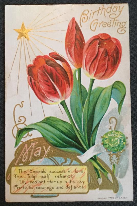 Postcard Used Embossed “Birthday Greeting” Flowers/Tulips LB