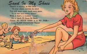 Vintage Postcard Beautiful Girl Children On Beach Dand In My Shoes Comical