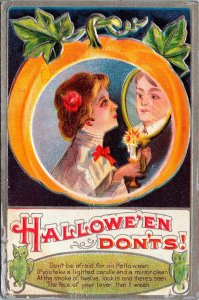 Vintage M. L. Jackson Victorian Woman, Man & Owl Antique Halloween Postcard