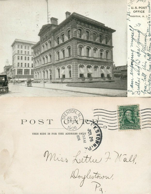 TRENTON N.J. U.S. POST OFFICE 1906 UNDIVIDED ANTIQUE POSTCARD