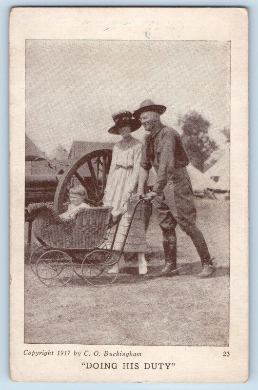 US Army Soldier Postcard Doing His Duty Family Baby Stroller c1910's Antique