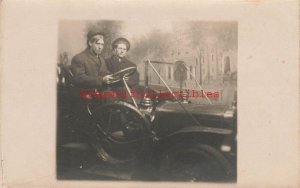 Early Auto With Couple, RPPC