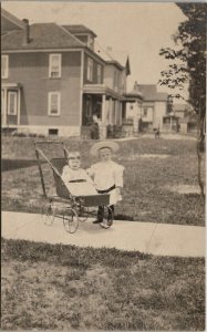 RPPC Adorable Children Antique Stroller Large Hat c1908 Real Photo Postcard V13