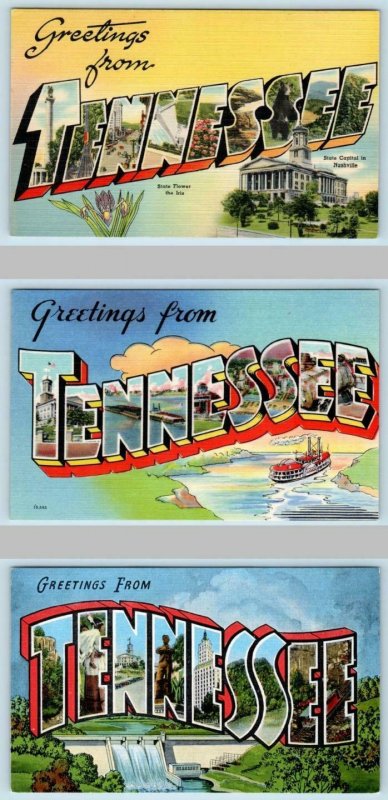 3 Large Letter Linens TENNESSEE,TN ~ Tichnor-Colourpicture-Kropp 1940s Postcard