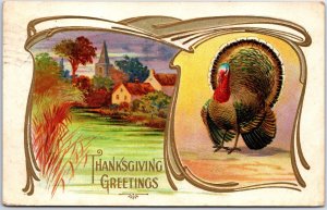 VINTAGE POSTCARD THANKSGIVING GREETINGS TURKEY AND VILLAGE SCENE BALTIMORE 1910