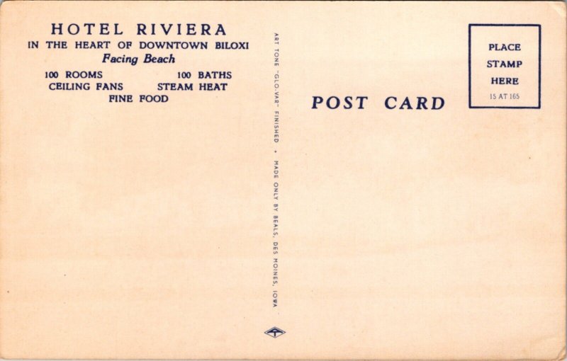 Linen Postcard Hotel Riviera in Biloxi, Mississippi