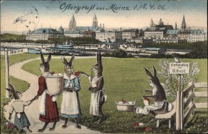 German Easter Gruss aus Mainz Dressed Rabbits Fantasy c1910 Postcard