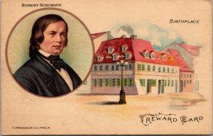 Vtg Robert Schumann Reward Card Birthplace Piano Player Theo Presser Postcard