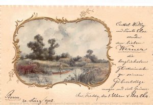 Boatman on Lake Landscape Passepartout Golden Frame 1902 postcard
