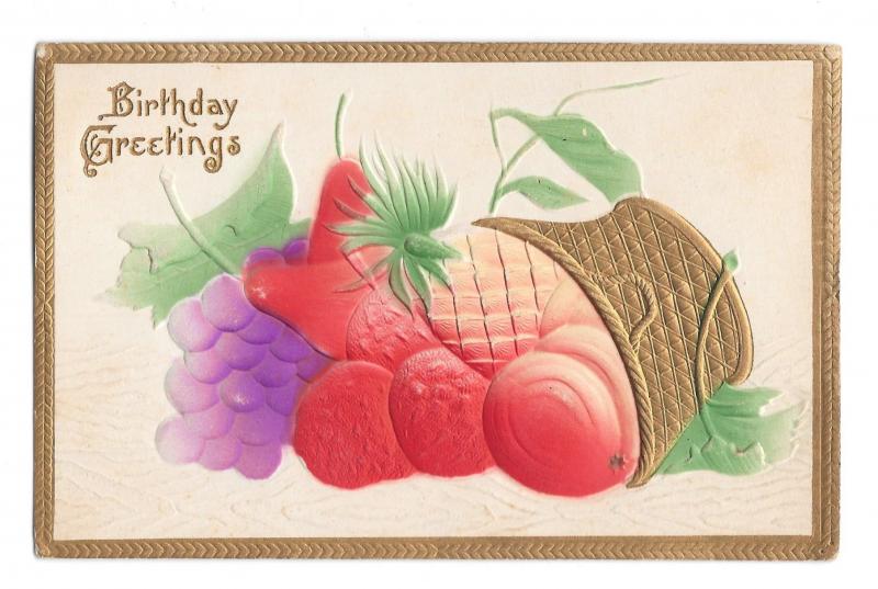 Birthday Greetings Gold Gilded Basket Airbrushed Fruit Embossed Vintage Postcard