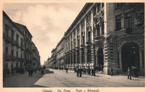 Vintage Postcard 1920's Catania Via Etnea Poste E Telegrafi Post Office Italy IT