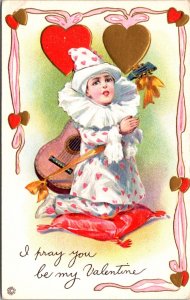 Postcard Child Clown w/ Guitar Knelling I Pray You Be My Valentine Hearts