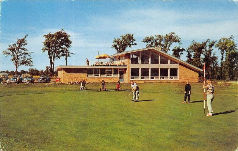 Gaylord Michigan~Country Club House & Golf Course View~Golfers~50s Cars~Postcard