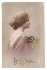 Bonne Annee Beautiful Woman Mistletoe Tinted RPPC Noyer