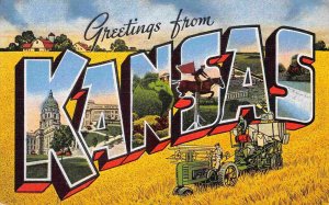 Greetings From Kansas Tractor Harvest Large Letter linen postcard