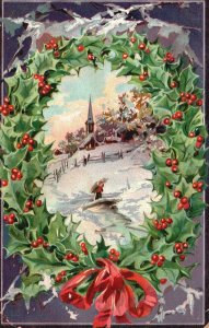 Vintage Postcard 1907 Christmas Holiday Season Landscape Wreath Winter Snow