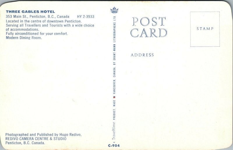 Vtg Penticton British Columbia Three Gables Hotel Canada Postcard