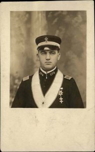 Studio Image Uniform Crosses Lapel Pins Unidentified c1910 Real Photo Postcard